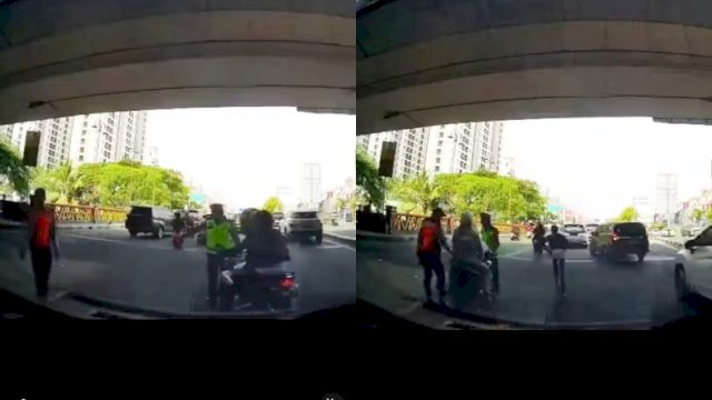 Momen seorang wanita mengejar sang pacar yang meninggalkannya saat akan ditilang. (Tangkapan layar Instagram @fakta.jakarta)