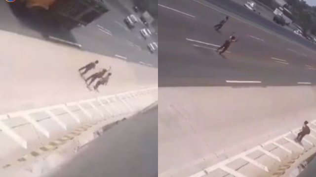 Tiga anak SD berseragam Pramuka tertangkap kamera sedang berjoget di tengah jalan tol. (Instagram @fakta.jakarta)