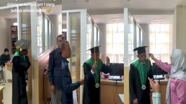 Seorang wisudawan jalani prosesi wisuda sendirian di ruangan rektorat. (Tangkapan layar Tiktok @mnkn2910)