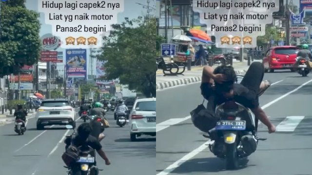 Pria santai kendarai motor sambil rebahan. (Instagram @depokfeed)