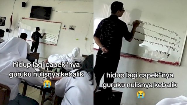 Momen guru menulis kisi-kisi ujian di papan tulis dengan tulisan huruf terbalik. (TikTok @cintajojo)