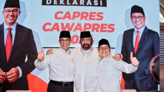 Deklarasi bakal calon presiden dan wakil presiden, Anies Baswedan (kiri)- Muhaimin Iskandar (kanan), yang dihadiri juga oleh Ketua Umum Partai NasDem, Surya Paloh (tengah). (Instagram Anies Baswedan) 