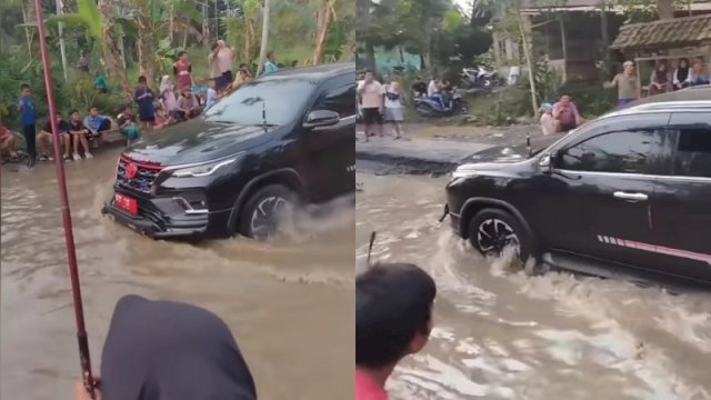 Iring-iringan mobil pejabat tidak mau berhenti saat lewati jalan rusak yang sedang didemo warga. (Instagram @undercover.id)