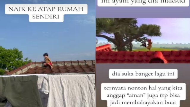 Seorang anak naik ke atap rumah karena berimajinasi setelah menonton kartun ayam. (Tiktok @firsialda_)