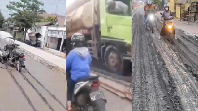 Kendaraan yang melewati jalan cor basah di Jombang. (Tangkapan layar X @heraloebss)