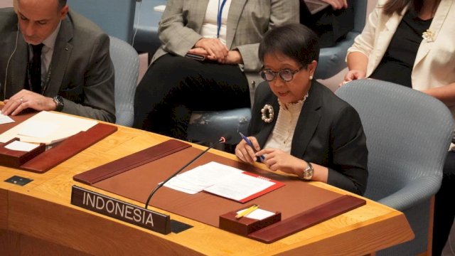 Menlu Ratno saat menghadiri High-Level Open Debate DK PBB mengenai situasi di Timur Tengah yang diselenggarakan di New York, Rabu (24/10/2023). 