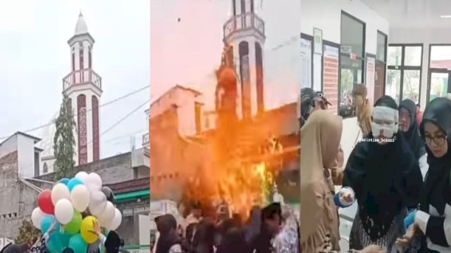 Insiden balon gas meledak saat perayaan Hari Guru Nasional di Bekasi. (Foto: Kolase Instagram @fakta.jakarta dan @peristiwa_bekasi)