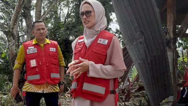 Bupati Luwu Utara, Indah Putri Indriani saat mengunjungi lokasi angin puting beliung di Dusun Sabbang Loang Desa Sassa mengalami kerusakan akibat diterjang angin puting beliung pada Minggu (10/12/2023). 