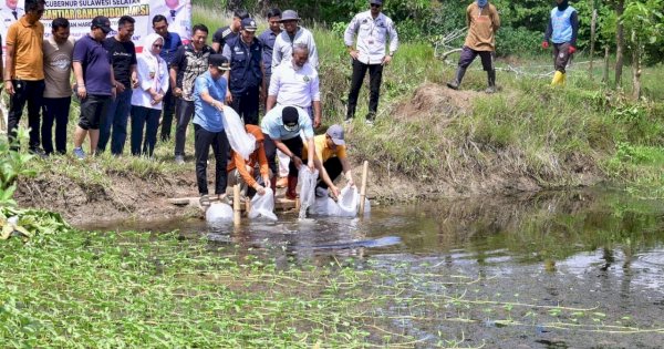 Pj Gubernur Sulsel Sebar 20 Ribu Benih Ikan Nila di Mare Bone