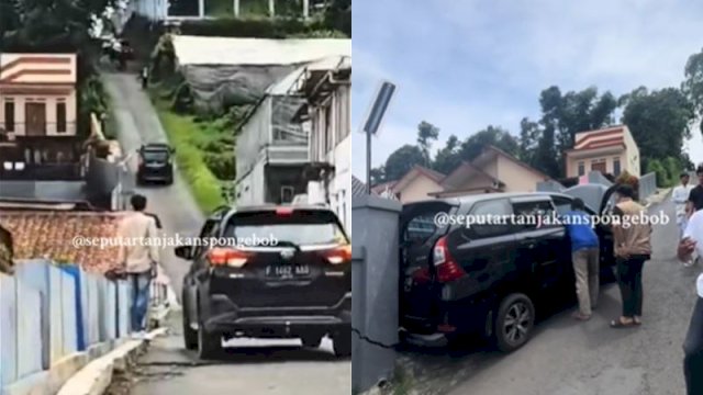 Detik-detik mobil Daihatsu Xenia gagal menanjak di Tanjakan Spongebob di Bandung. (Foto: Tiktok @seputartanjakanspongebob)