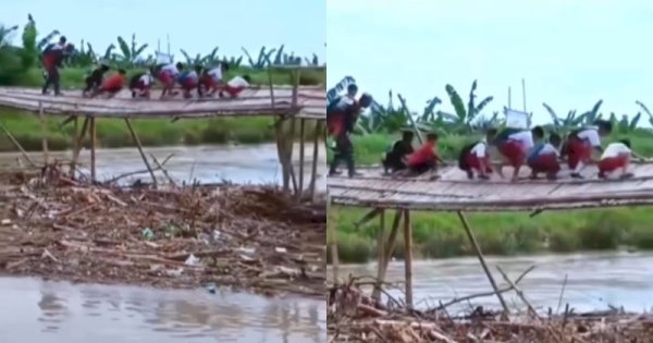 Viral Siswa SD Jalan Jongkok Melintasi Jembatan Miring Demi Berangkat Sekolah