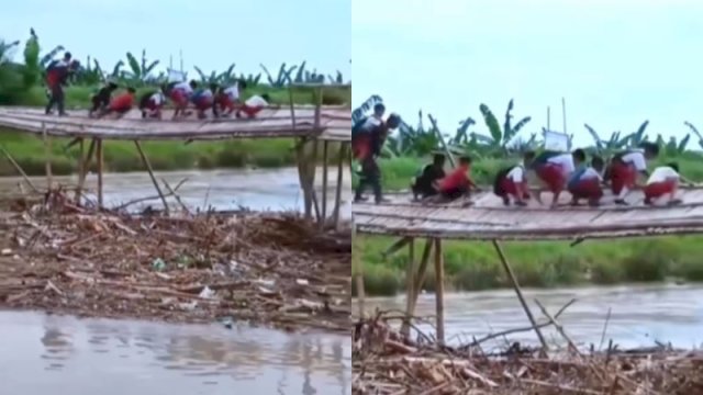 Beberapa siswa SD di Kabupaten Cilacap melewati jembatan miring untuk pergi ke sekolah. (Foto: Instagram @undercover.id)