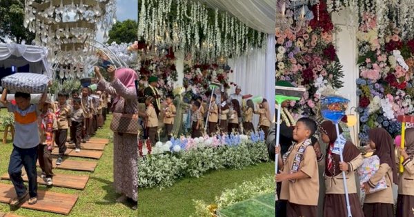 Viral Siswa SD Kondangan Bawa Peralatan Rumah Tangga ke Pernikahan Guru