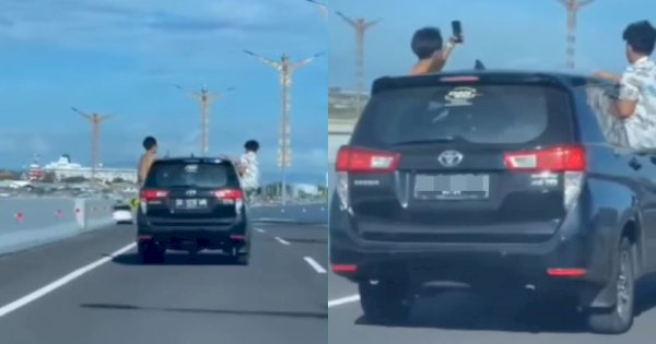 Viral Dua Pemuda Nekat Naik Mobil dengan Posisi Berbahaya, Netizen: Norak