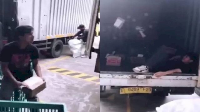 Momen kurir ekspedisi masukkan paket ke truk dengan cara dilempar dan ditendang. (Foto: Instagram @fakta.jakarta)