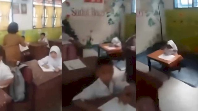 Seorang ibu marah anaknya duduk di lantai sendirian sementara yang lain duduk di bangku kelas. (Foto: X @little_secret9)