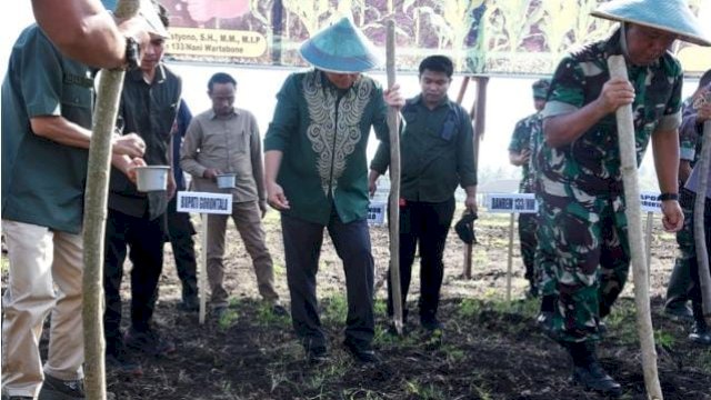 Penjagub Gorontalo Ismail Pakaya (tengah), menggunakan tugal untuk menanam jagung di lahan Secaba di Desa Tabongo Barat, Kecamatan Tabongo, Kabupaten Gorontalo, Kamis (4/4/2024).