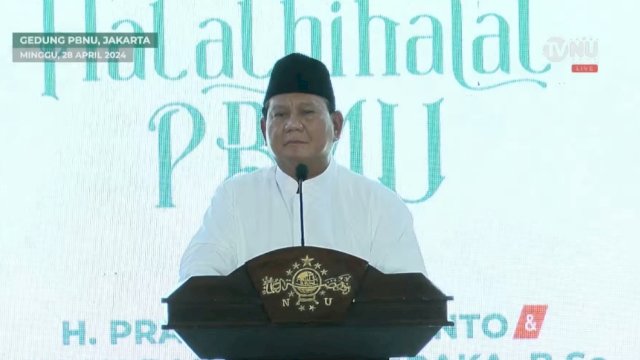 Prabowo Subianto saat sambutan pada acara halalbihalal di PBNU, Kramat, Jakarta Pusat, Minggu (28/4/2024). 