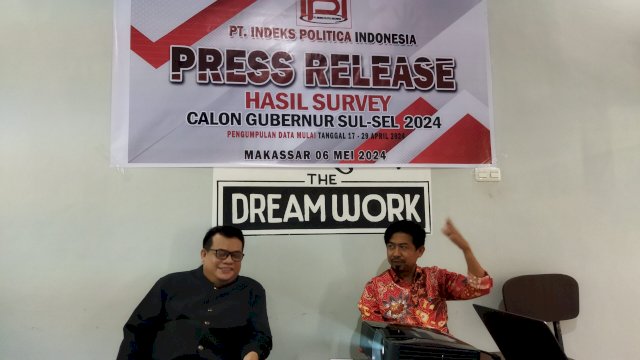 PT Indeks Politica Indonesia (IPI) merilis hasil surveinya menjelang kontestasi Pilgub Sulsel 2024 di Cafe Baji, Jalan Poros Antang, Senin (06/05/2024).