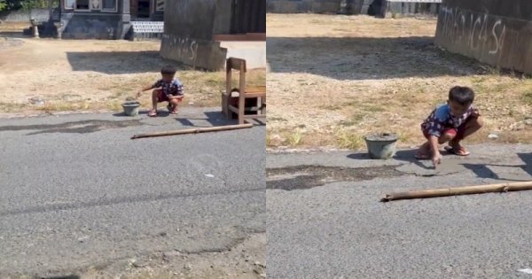 Viral Bocah Inisiatif Tambal Sendiri Jalan Berlubang Pakai Semen