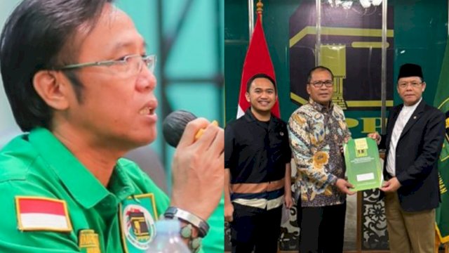 Wakil Ketua PPP Sulsel, Tauqif Zainuddin (kiri) dan foto penyerahan surat tugas dari Ketua Umum PPP, Mardiono kepada Moh Ramdan Pomanto untuk Pilgub Sulsel (kanan). (Foto: Istimewa) 