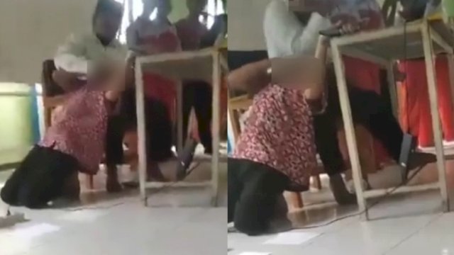 Tangkapan layar video detik-detik oknum guru sedang piting dan cekik leher siswa. (Foto: X @dhemit_is_back)