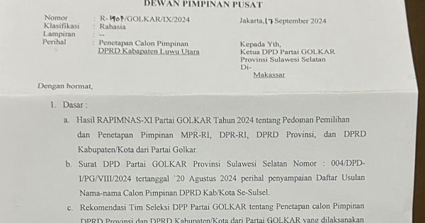 Beredar Surat Penetapan Ketua DPRD Luwu Utara, DPP Golkar Pastikan Itu Surat Palsu