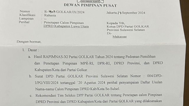 Beredar Surat Penetapan Ketua DPRD Luwu Utara, DPP Golkar Pastikan Itu Surat Palsu