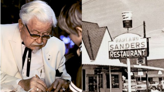 Harland David Sanders dan kedai pertama KFC. (Sumber: Wikipedia dan onlyinyourstate.com) 