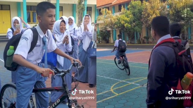 Romsi terlihat bahagia mendapat hadiah sepeda dari teman-teman sekelasnya di sekolah. (Foto: Tiktok @sriharyati999)