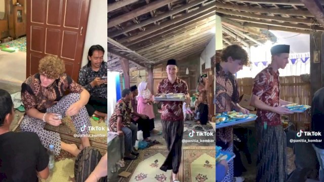 Dua pria bule jadi sinoman di acara hajatan warga di Klaten, Jawa Tengah. (Foto: TikTok @panitia_kembar)