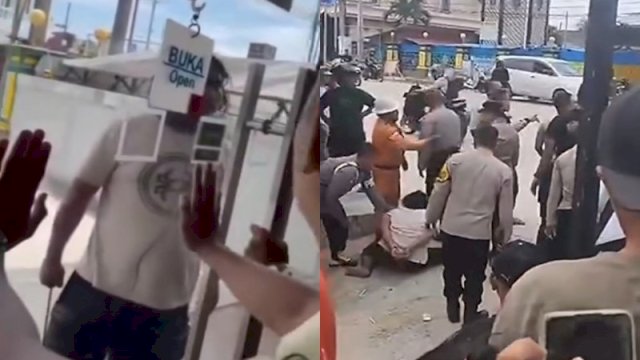 Seorang pria di Kaltim ngamuk dan rusak pintu kaca bank dan mesin ATM. (Foto: Instagram @fakta.indo)