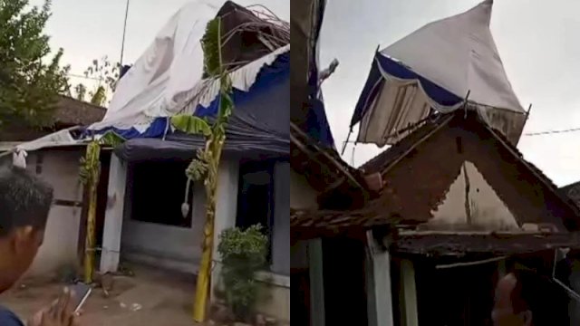 Tenda hajatan di Nganjuk nyangkut di atas atap rumah warga. (Foto: Instagram @memomedsos)