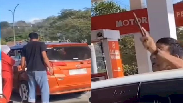 Pengendara mobil mengamuk dan acungkan badik ke petugas SPBU. (Foto: Instagram @memomedsos_official)