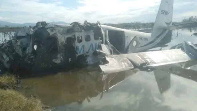 Pesawat perintis Sam Air yang mengalami kecelakaan di Bandara Pohuwato, Minggu (20/10/2024).