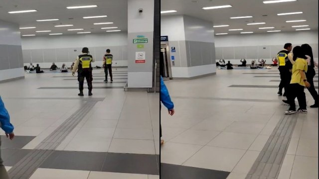 Sekelompok ibu-ibu melakukan kegiatan olahraga poundfit di dalam stasiun MRT di Jakarta. (Foto: X @roulihutahaean)