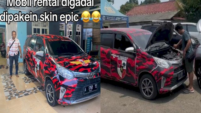 Mobil rental digadai dan berubah jadi berstiker khas salah satu ormas. (Foto: TikTok @rentalmobil.tangerang)