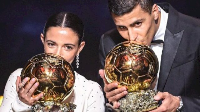 Bintang asal Spanyol, Rodri dan Aitana Bonmati meraih penghargaan tertinggi sepakbola Ballon d'Or 2024 yang berlangsung di Theatre du Chatelet, Paris, Selasa (29/10/2024) dinihari WIB. (Foto: 433) 