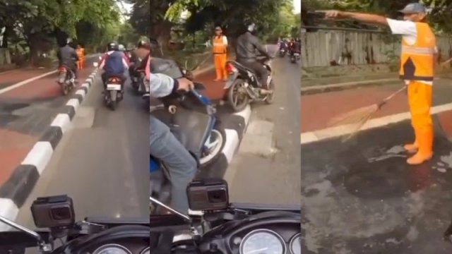 Aksi seorang petugas PPSU tegur pemotor yang melewati trotoar. (Foto: Instagram @mood.jakarta)