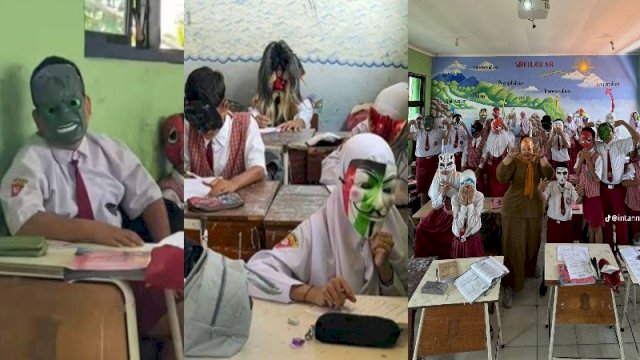 Siswa SD di Surabaya memakai topeng saat ujian sedang berlangsung di kelas. (Foto: TikTok @intannkusumaaa)