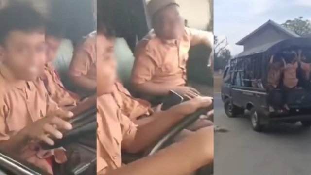 Seorang bocah SD di Pamekasan, Madura, Jawa Timur mengendarai mobil pikap membawa puluhan temannya. (Foto: Instagram @maduratrending)