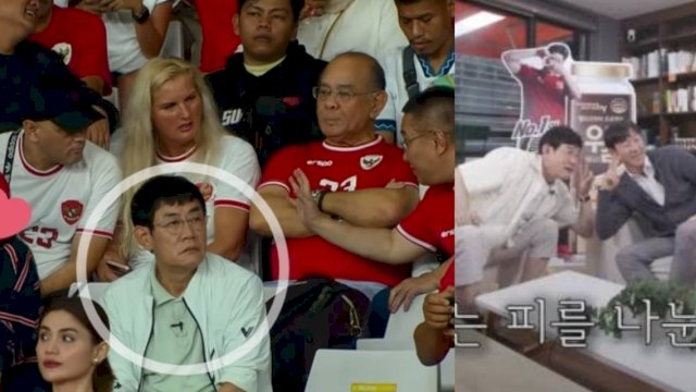 Lee Kyung Kyu nonton Timnas Indonesia vs Arab Saudi di GBK (kiri), Lee Kyung Kyu dan Shin Tae Young di salah satu acara (kanan). (Foto: Kolase X @kimjuncotton_o dan YouTube 갓경규)