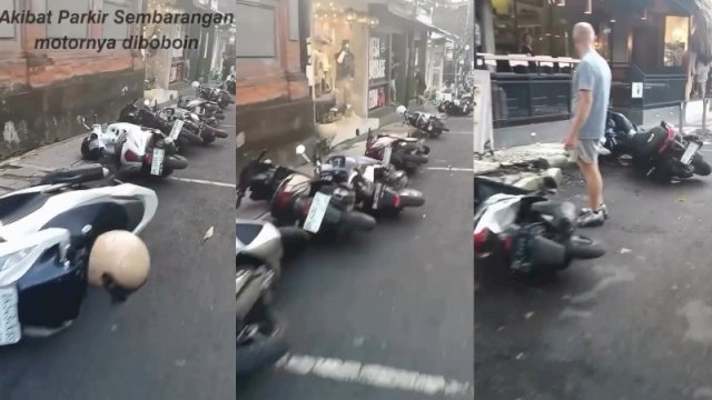 Sepeda motor ditidurkan oleh petugas karena parkir sembarangan di Ubud, Bali. (Foto: Instagram @infobadung)