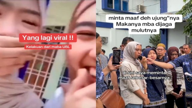 Dua mahasiswi UBL minta maaf di depan para dosen dan mahasiswa kampus Darmajaya. (Foto: TikTok @milala19_)