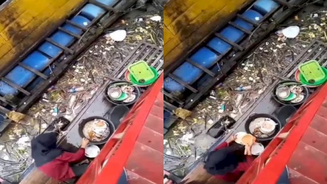 Seorang wanita mencuci piring di air keruh yang penuh sampah. (Foto: TikTok @noname_27277)