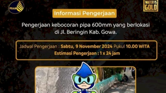 Pipa PDAM Makassar Bocor, Ini Wilayah Yang Terdampak Pasokan Air 