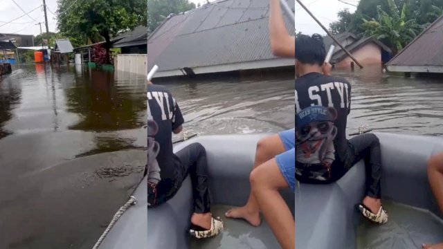 Tangkapan layar video warga yang menunjukkan air sudah setinggi atap warga akibat hujan yang tak kunjung reda, pada Minggu (22/12/2024).