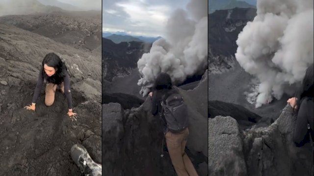 Seorang wanita nekat mendekat ke arah erupsi Gunung Dukono, Maluku Utara. (Foto: X @DolanIDN)