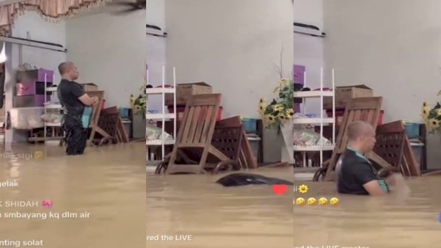 Seorang pria shalat di tengah genangan banjir dan dalam keadaan basah kuyup. (Foto: Instagram @mood.jakarta)