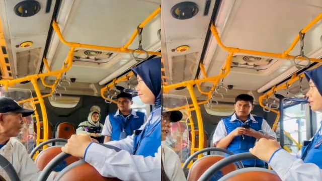 Seorang kakek cekcok dengan petugas karena ngotot naik bus Transjakarta khusus wanita dan tidak mau turun. (Foto: TikTok @im.nopnop)